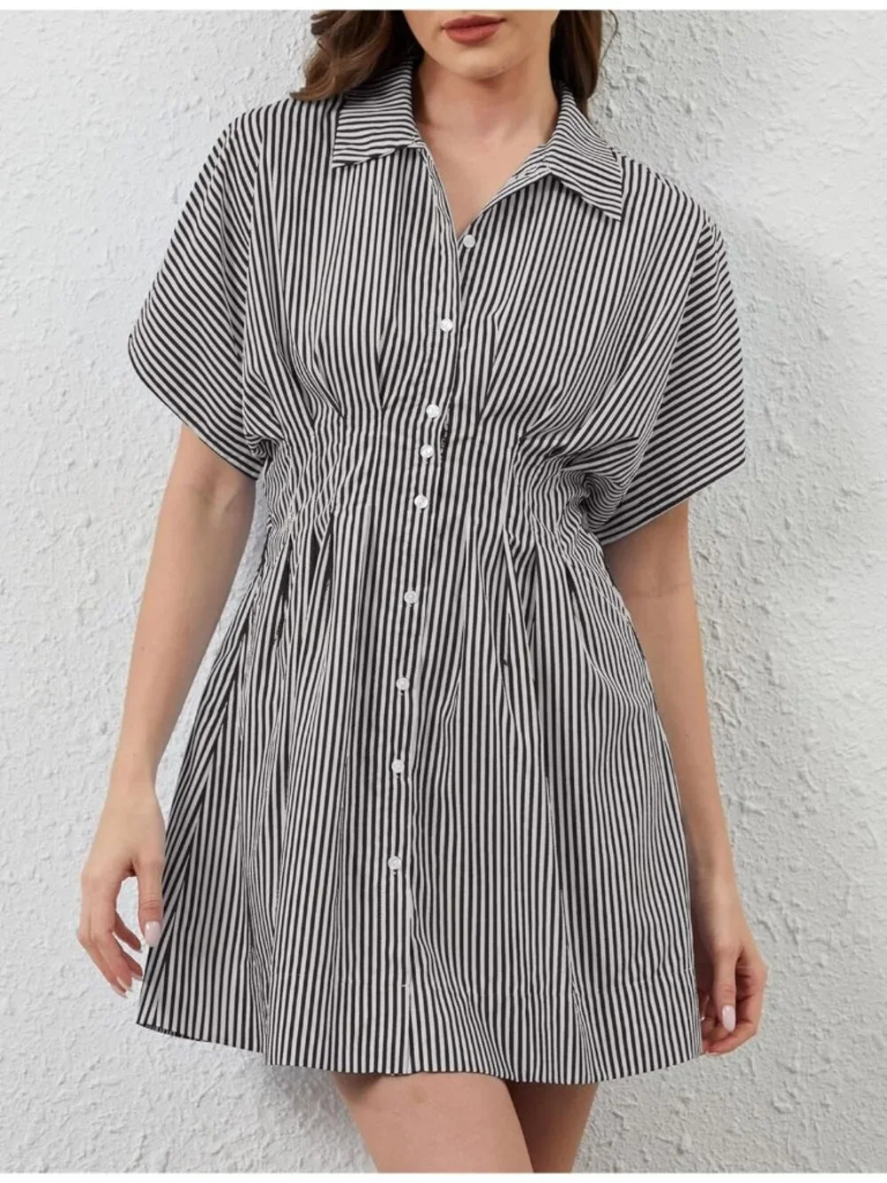Women's Striped Black Down Short Sleeve Causal A Line Flowy Pleated Mini Dress - Picture 3 of 6